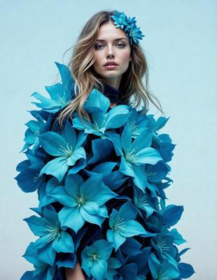 The primary subject of the image is a woman wearing a blue dress with a flower pattern. She is standing in front of a blue background, which adds to the overall mood of the scene. The visual style of the image is a photo, capturing the woman's beauty and the intricate details of her dress. The colors and mood of the image are predominantly blue, creating a serene and elegant atmosphere.